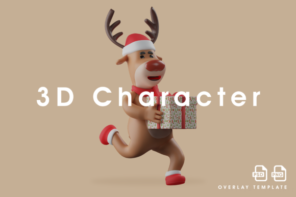 3D Christmas Deer Cartoon Holding a Gift