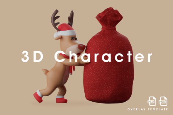 3D Christmas Deer Push a Big Red Sack Illustrations