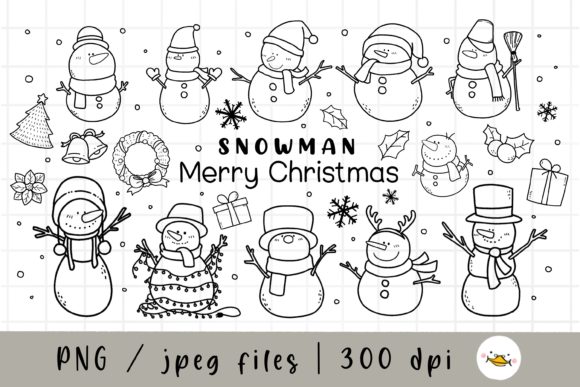 Christmas Snowman Clipart, Lineart PNG for Modern Illustrations