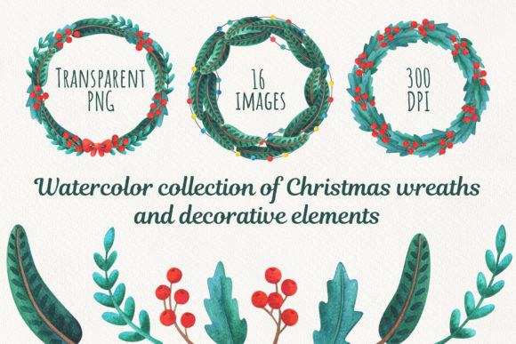 Christmas Wreath Clipart Watercolor Illustrations