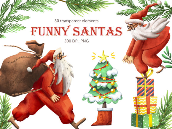 Funny Santas - Christmas Clipart Set for Illustrations